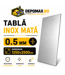 Tabla inox mata AISI 304 2B, 0.5 x 1250 x 2500 mm, 3.125 mp Tabla inox mata AISI 304 2B, 0.5 x 1250 x 2500 mm, 3.125 mp